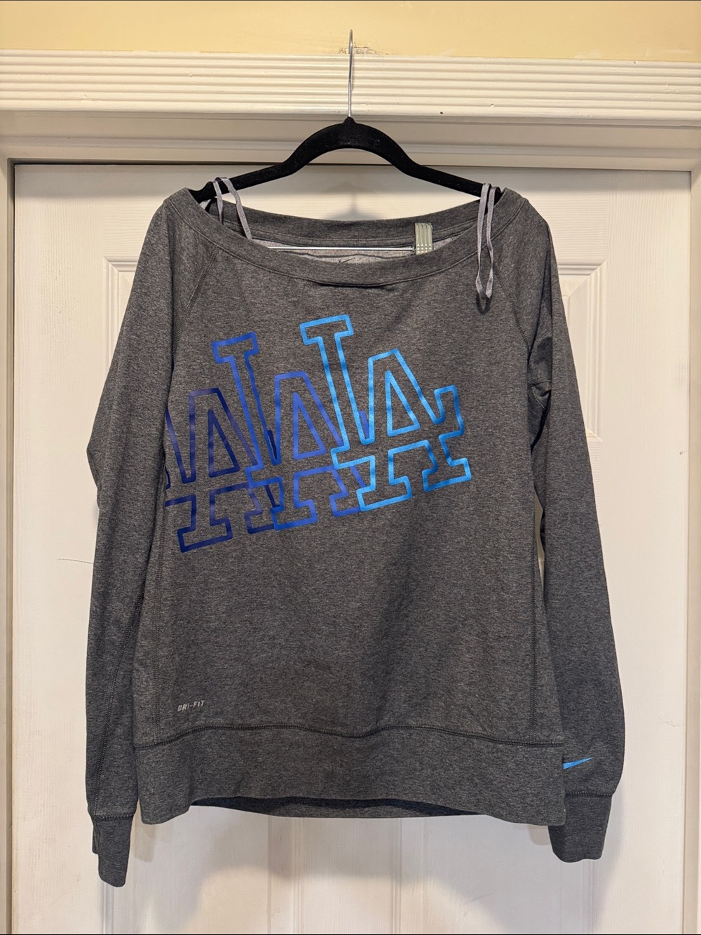 Nike Off-the-Shoulder Gray Sweatshirt with Blue LA Graphic